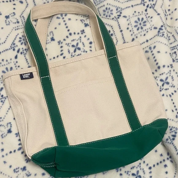 Lands' End Cream and Green Canvas Tote Bag - Picture 1 of 4